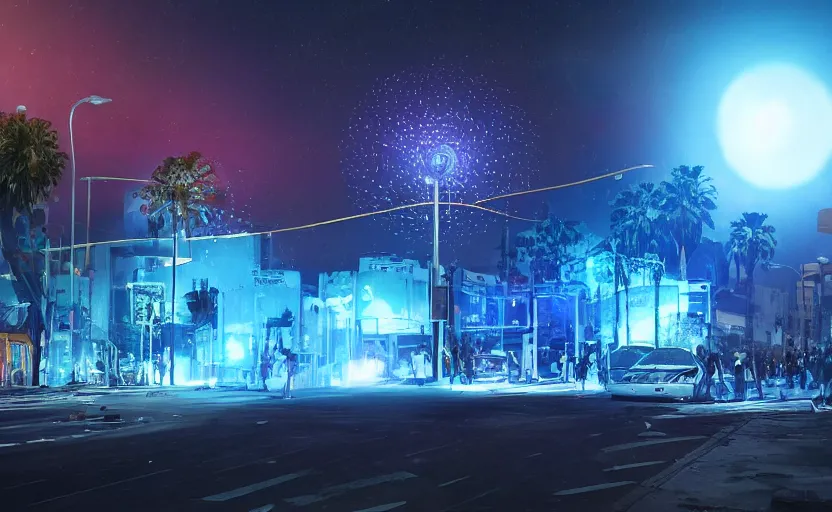 Image similar to people with posters attacking cops, a huge blue spiral - shaped white luminous attractor is floating on the horizon near the sun, stores in los angeles with light screens all over the street, concept art, art for the game, professional lighting, dark night lighting from streetlights