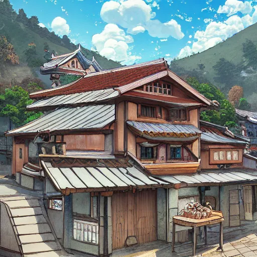 Prompt: concept art painting of an english european bakery building with japanese architecture, in a mountain village, cozy, realistic, detailed, cel shaded, in the style of makoto shinkai and greg rutkowski and james gurney