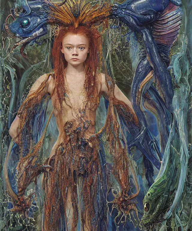 Prompt: portrait photograph of a fierce sadie sink as an alien harpy queen with blue slimy amphibian skin. she is trying on evil bulbous slimy organic membrane fetish fashion and transforming into a fiery succubus amphibian villian. by donato giancola, walton ford, ernst haeckel, brian froud, hr giger. 8 k, cgsociety