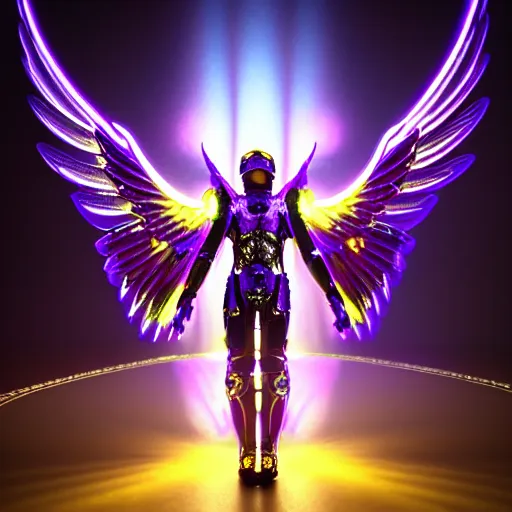 Prompt: a photo of 8 k hyper realistic, octane render archangel with white iridescent wings, full body, intricate purple and yellow neon armor, ornate, standing on front of huge megastructure red doors of heaven, with sword of fire, magical atmosphere, cinematic lighting, trending on artstation, 4 k, hyperrealistic, focused, high details, unreal engine 5