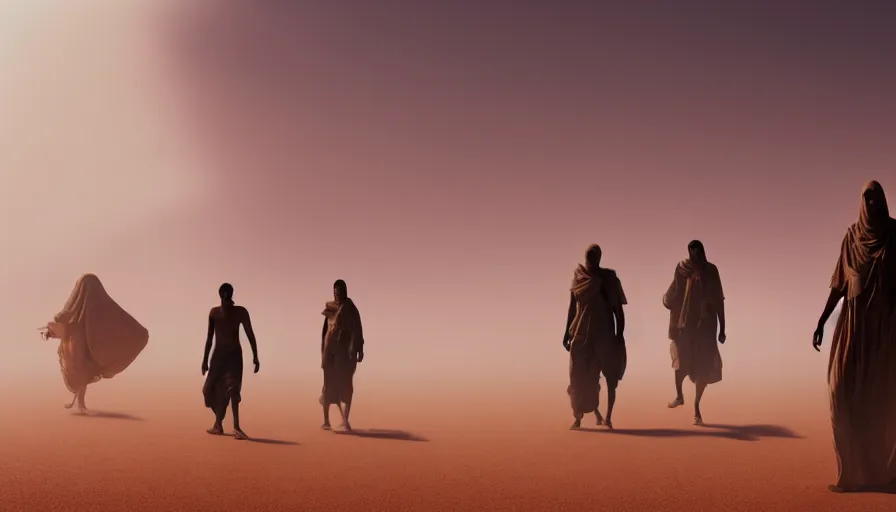 Prompt: desert people walk through the desert, dust storm, dunes, fine details, digital art, volumetric lighting, cinematic light, photorealistic, by greg rutkowski, by stephan koldi, 4 k,