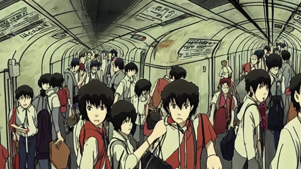 Image similar to horror movie about the london underground tube subway, anime film still from the an anime directed by katsuhiro otomo with art direction by salvador dali, wide lens