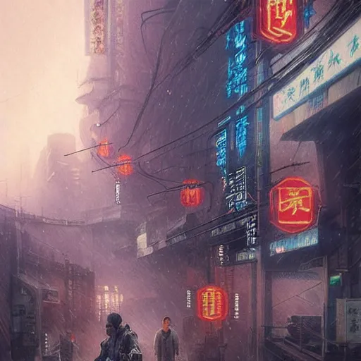 Image similar to a thousand sentient creatures covered in mountains and clouds. style of blade runner 2 0 4 9. i can understand why. a full length portrait of a spotless mind controlled, cyberpunk chinese street, by grosnez zak and