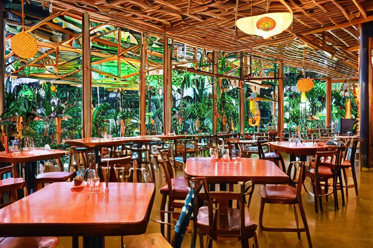 Image similar to 1 9 9 2 rainforest themed diner, tables repeat into the horizon, fruitcore, watermeloncore, one point perspective, americana, restaurant interior photography, 5 5 mm