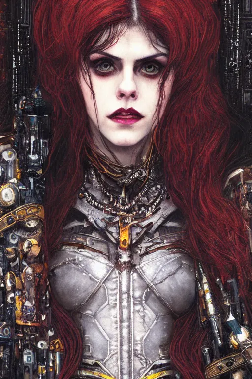 Image similar to portrait of beautiful gothic Alexandra Daddario, cyberpunk, Warhammer, highly detailed, artstation, illustration, art by Gustav Klimt