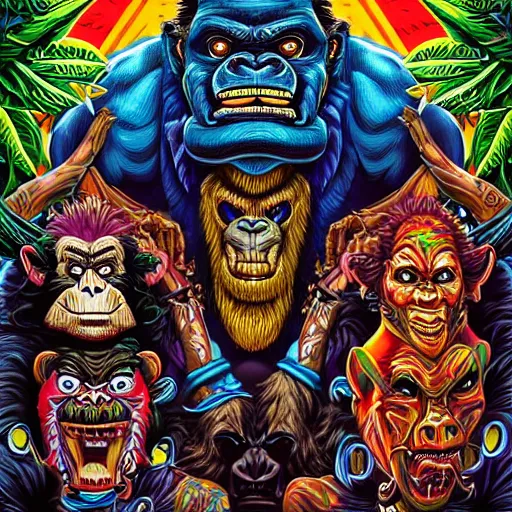 Image similar to barong family member faced jim carrey, jim carrey!, wiwek, mara demon, one single tribe member, jungle, one single mask, dark, ancient warrior, grumpy gorilla, violence blood, tribal, inner glow, art by dan mumford and justin gerard