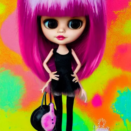 Prompt: A portrait of an extremely cute and adorable colorful vibrant holi nebula scarecrow Selena Gomez Bratz doll Dora with a modern futuristic hairstyle, painted by Mark Ryden and Margaret Keane in lowbrow pop surrealism style, modern flashy imposing background with black scribbles and wiggles