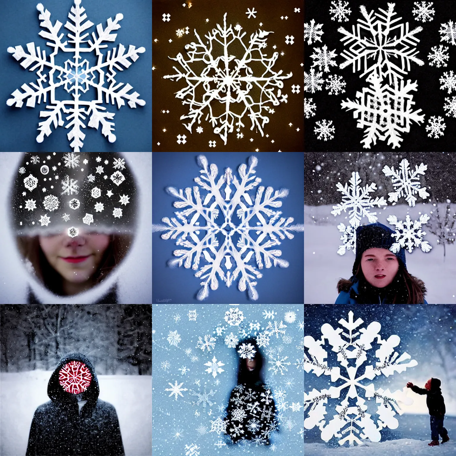 Prompt: surreal photography snowflakes with tiny faces