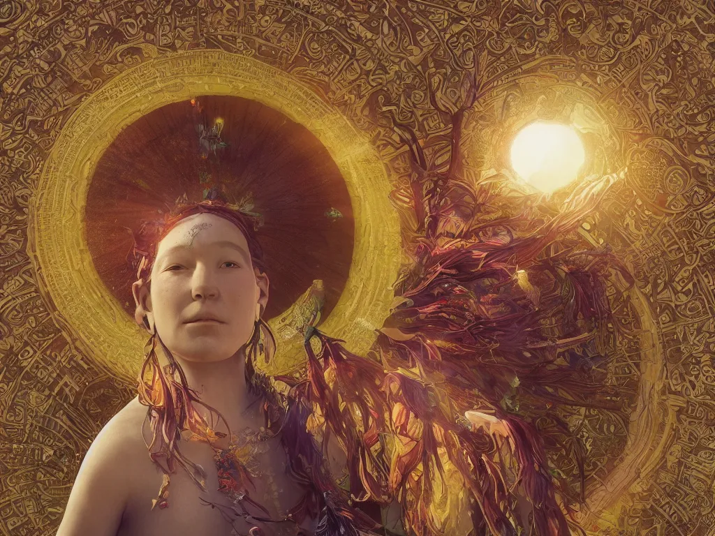 Prompt: the universe is a spheroid region 7 0 5 meters in diameter, 3 d render of a shaman, sunlight study, by clara peeters and ( ( ( ( lisa frank ) ) ) ), art nouveau, 8 k, extreme detail, sharp focus, octane render