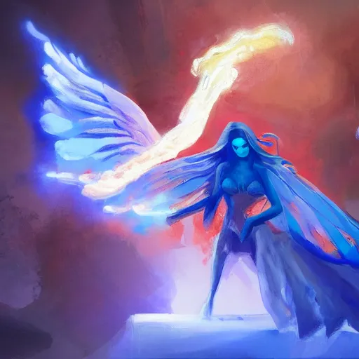 Prompt: a painting of a blue flaming angel in the middle of a citadel, artstation