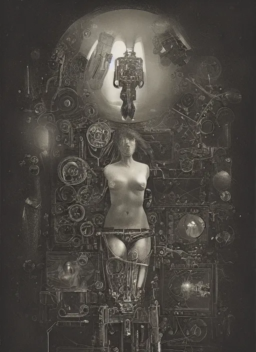 Prompt: old wetplate daguerreotype birth of a futuristic cyborg in times of eternal summoning, fractal, intricate, elegant, highly detailed, parallax, leica, medium format, subsurface scattering, by jheronimus bosch and greg rutkowski and louis jacques mande daguerre