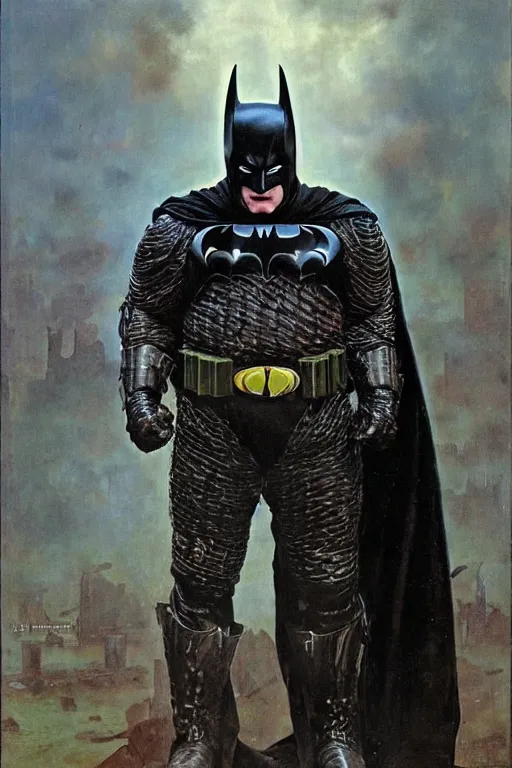 Image similar to full length portrait of hulking brock lesnar as dark evil batman wearing cape and armour, hong kong, painted by lawrence alma tadema, zdzislaw beksinski, norman rockwell, jack kirby, tom lovell, greg staples