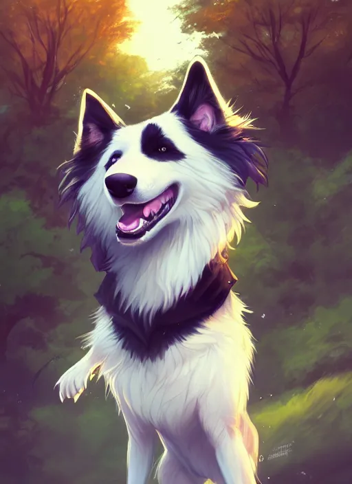 Image similar to wide angle beautiful full body portrait of a cute male anthropomorphic border collie fursona wearing a jacket in front of a park, character design by charlie bowater, henry asencio, and ross tran, furry art, furaffinity, scenic background, beautiful, fantasy, glamor pose, detailed, trending on artstation