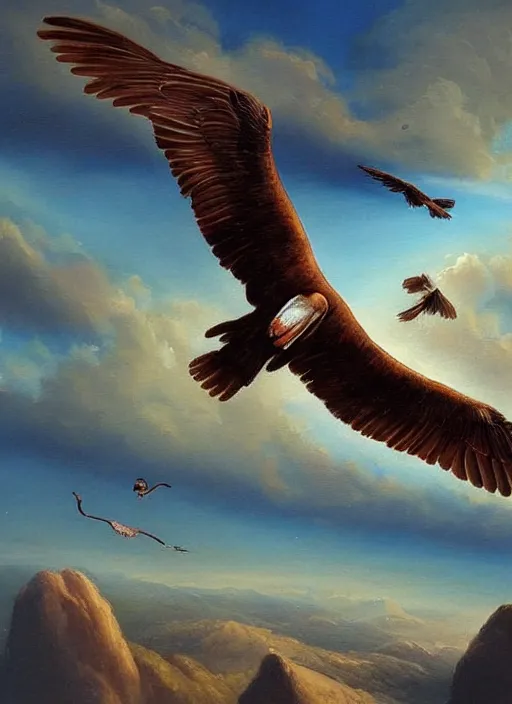 Image similar to a beautiful painting of a condor flying in the sky, matte painting, fantasy art