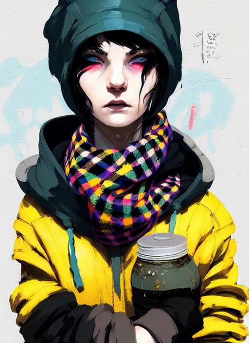 Image similar to highly detailed portrait of a sewer punk lady student, blue eyes, tartan hoodie and scarf, white hair by atey ghailan, by greg rutkowski, by greg tocchini, by james gilleard, by joe fenton, by kaethe butcher, gradient yellow, black, brown and pink color scheme, grunge aesthetic!!! ( ( graffiti tag wall background ) )