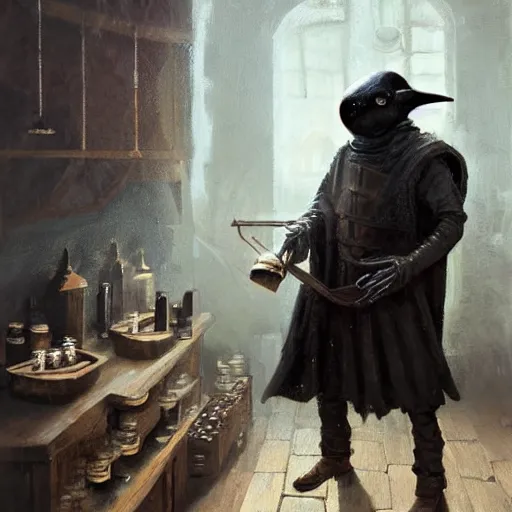 Image similar to plague doctor working in medieval apothecary wearing gloves, bird beak, magical alchemy laboratory, oil painting, by Greg Rutkowski