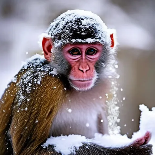 Image similar to beatiful photograph of non-ending snow, monkey sitting in the center whilst holding a snowball in its arms