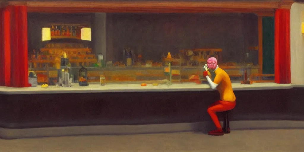 Prompt: a miserable clown, drinking a smoothie in an empty bar, oil painting by edward hopper