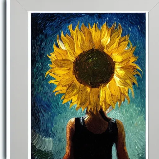 Image similar to closeup, giant sunflower head, woman standing in a room, surreal, dramatic light, impressionist painting, digital painting, artstation, van gogh