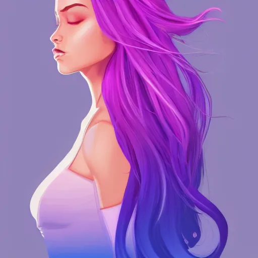 Image similar to a stunning upper body portrait of a beautiful woman with ombre hairstyle in purple and pink blowing in the wind by marvel comics, digital art, trending on artstation