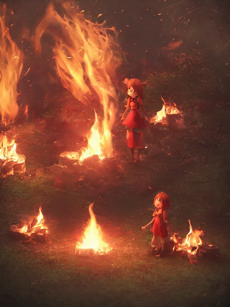 Image similar to cute fumo plush pyromaniac girl giddily starting a fire in the forest, campfire, flames, warm glow and volumetric smoke vortices, composition, vignette, vray