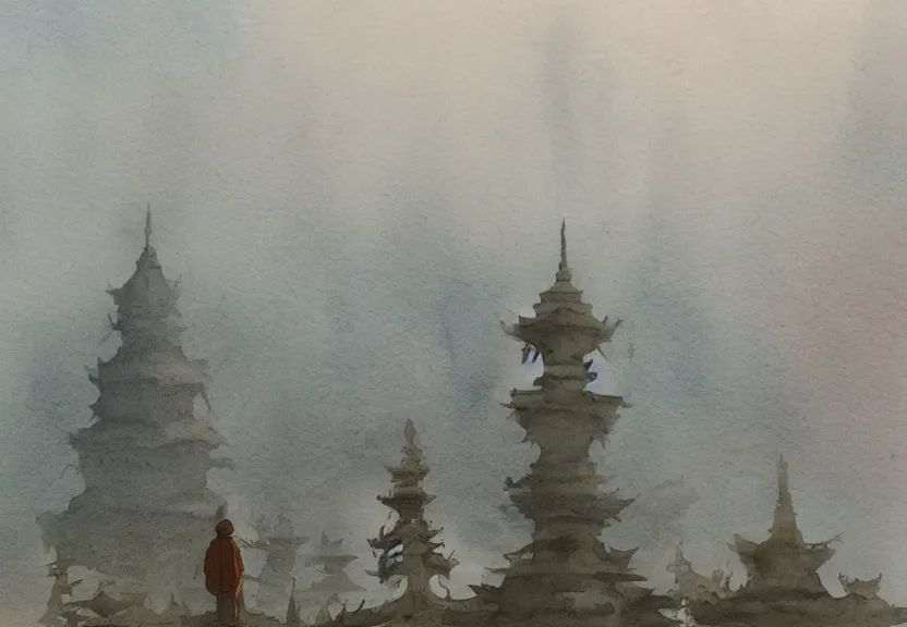 Image similar to a hyperrealist watercolor concept art from a studio ghibli film showing one giant grey alien. a temple is under construction in the background in india on a misty and starry night. by studio ghibli. very dull muted colors