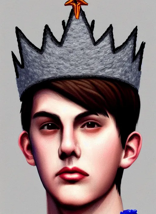 Image similar to portrait of teenage jughead jones wearing a light grey crown, photorealistic, crown made of felt fabric, crown, crown made of felt, black hair, intricate, elegant, highly detailed, digital painting, glowing lights, artstation, concept art, smooth, sharp focus, illustration, art by wlop, mars ravelo and greg rutkowski