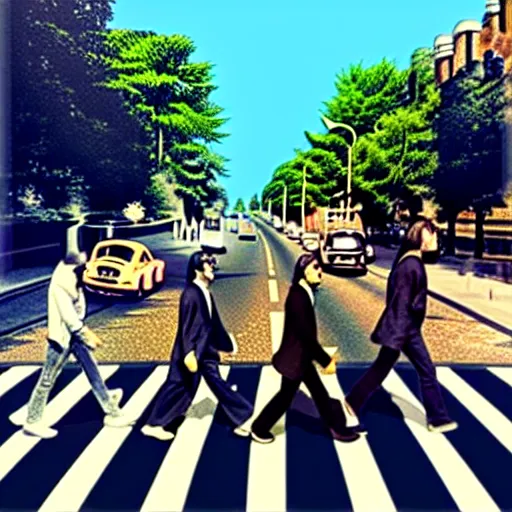 Image similar to 4 men walking on crosswalk on abbey road, city, digital art, 8 k.