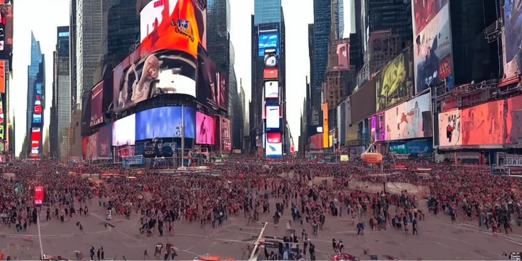 Image similar to footage of the first humans landing on Mars shown in Times Square, ultra realistic 8k photo realistic