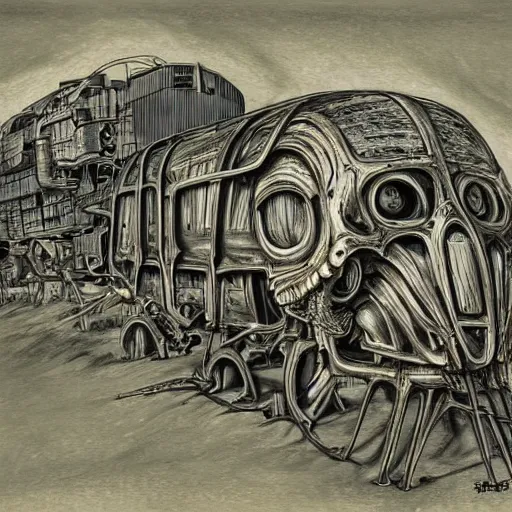 Image similar to boxcar made of human meat and bone, biomechanical railroad, highly detailed, War Photography, Pushead art, by H.R. Giger