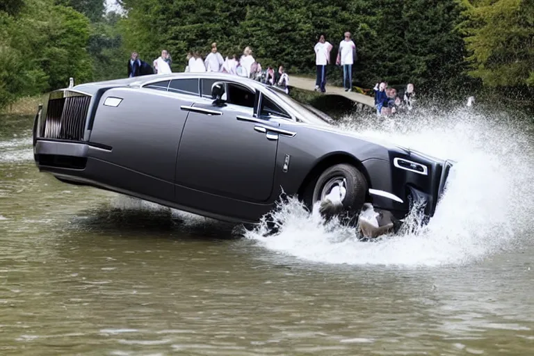 Image similar to Group of teenagers push Rolls-Royce into lake from small slide