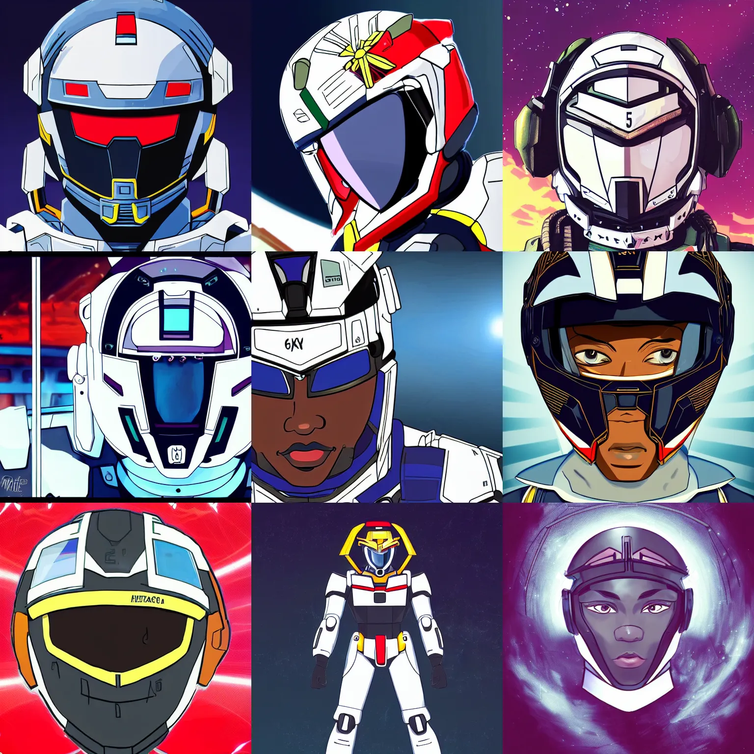 Prompt: a cartoon illustration of one young handsome Senegalese 👨🏾‍🦲 gundam pilot with intricate helmet on, portrait photography by milestone media and denys cowan and jim lee, urbancore, gadgetpunk, hiphop, high tech hud, hud screen visor, urban inspired, symmetrical facial features, symmetrical proportions, epic composition, high energy, proud, colorful, white background, in the style of Teen Titans and Disney's the Proud Family, beautiful portrait, photorealistic, 32k, hd, cinematic lighting, uplight, leftlight, studio lighting,