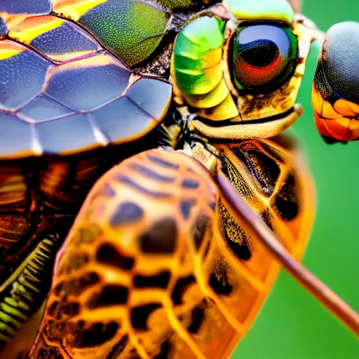 Image similar to photo of dragonfly on the head of a tortoise, 5 0 mm, beautiful photo