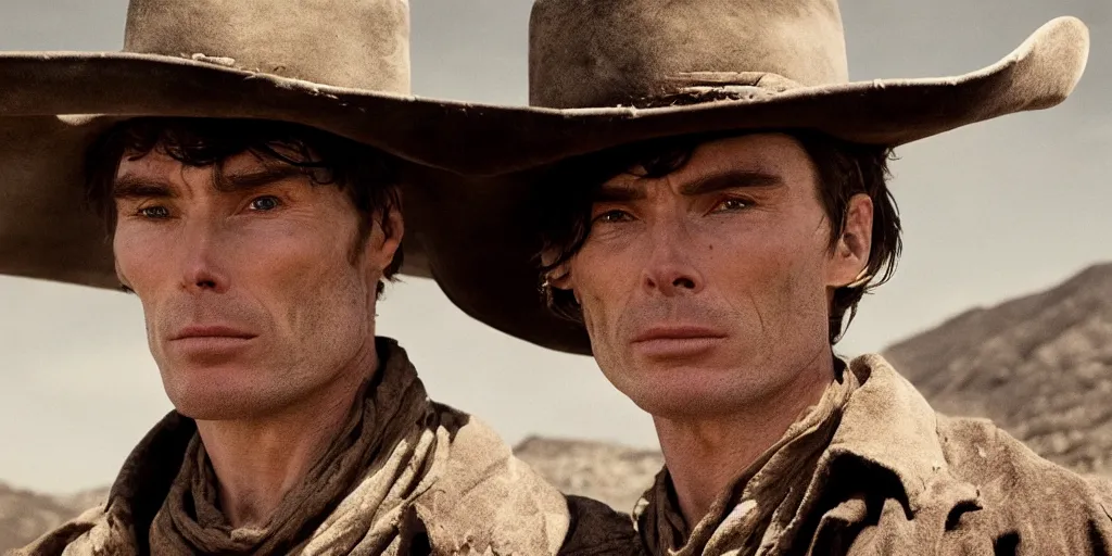 Image similar to portrait of rugged bandit cillian murphy [ alone ] in the old west, strangling a cowboy, volumetric lighting, cinematic, dark, grim. directed by coen brothers.