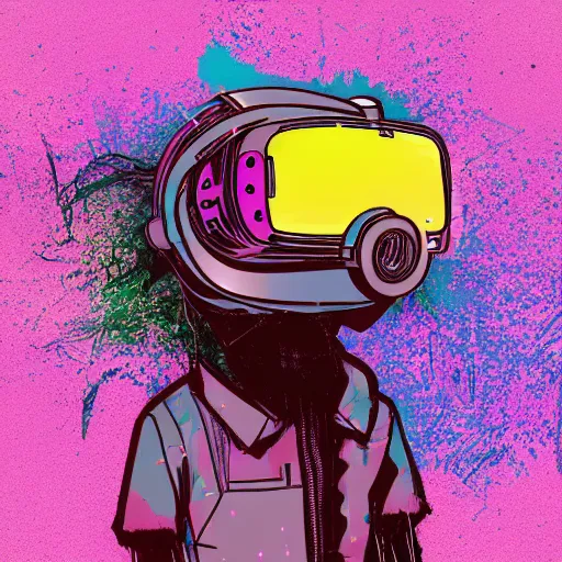 Prompt: illustration of cyberpunk raccoon in vr helmet, colorful splatters, by andy warhol and by zac retz and by kezie demessance