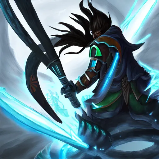 Image similar to nightbringer yasuo vs dawnbringer riven digital painting