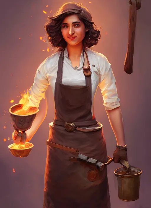 Prompt: a highly detailed illustration of naomi scott as kind blacksmith woman wearing apron, dramatic smile pose, intricate, elegant, highly detailed, centered, digital painting, artstation, concept art, smooth, sharp focus, league of legends concept art, wlop.