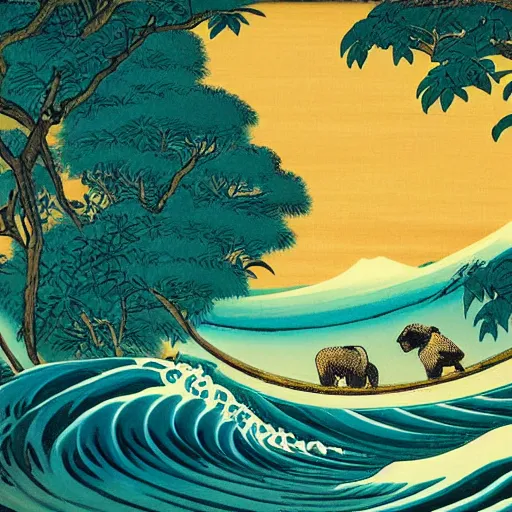 Image similar to painting of the jungle with jungle animals, great wave off kanagawa style,