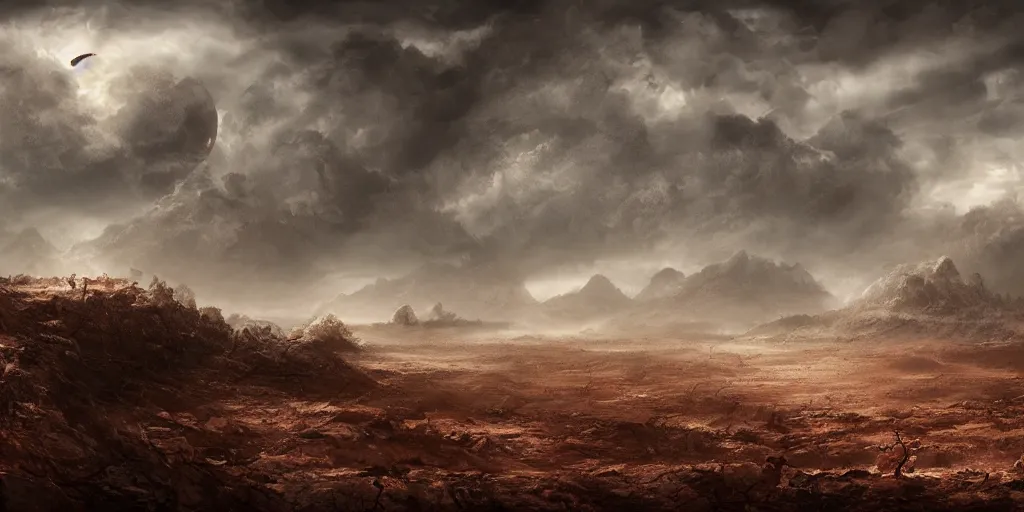 Image similar to barren landscape, apocalyptic fantasy, mmo, digital art, 4 k