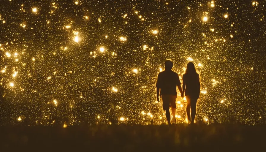 Image similar to a couple walking in the middle of fireflies the color of the moon, cinematic lighting, wow, establishing shot