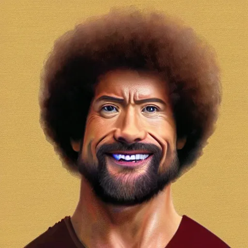 Prompt: dwayne johnson as bob ross, zoomed into his face while he is painting a painting, ultra realistic, hd, 8 k, happy little trees