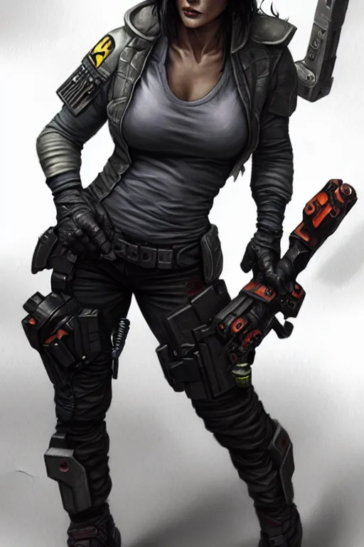 Image similar to gina carano as a shadowrun ork with prothesis grey metallic left arm, casual black clothing, muscular, realistic proportions, casual pose, large portrait, sci - fi, rpg character, digital painting, artstation, concept art, smooth, 8 k frostbite 3 engine, ultra detailed, art by artgerm and greg rutkowski and magali villeneuve