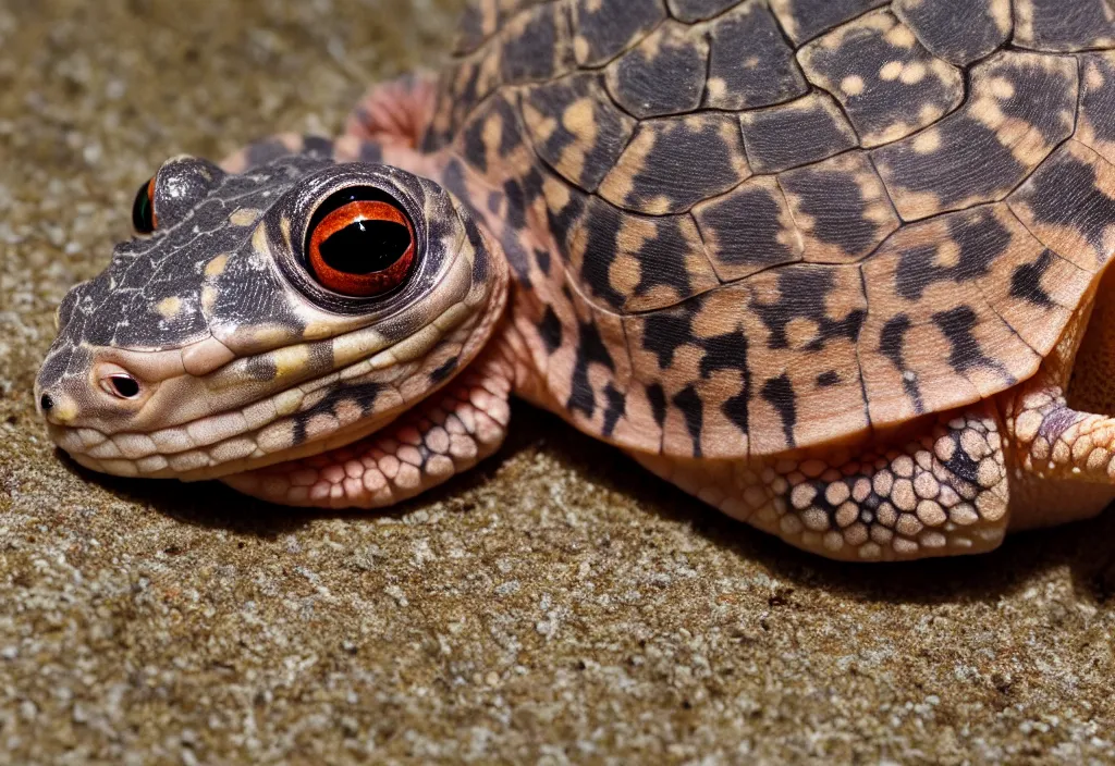 Prompt: Photo of a lone young New Zealand pink gecko tortoise facing the camera and looking at the viewer, still from a nature documentary, cute, nature photography, National Geographic, 4k, award winning photo