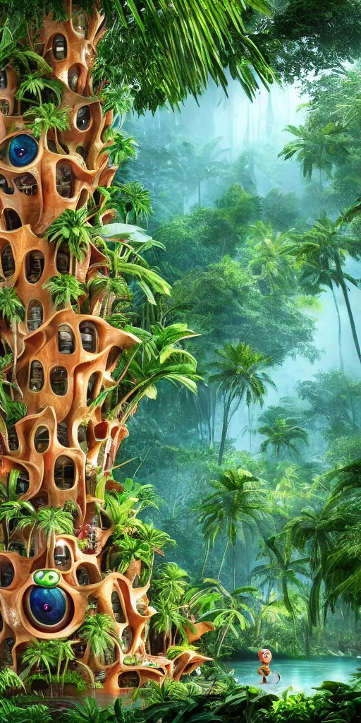 Prompt: of a tropical rainforest lake with strange cute friendly happy creatures with huge eyes, mouth, long tongue, round teeth and goofy face, appearing from the treesl, in the style of gehry and gaudi, macro lens, shallow depth of field, ultra detailed, digital painting, trending artstation, concept art, illustration, cinematic lighting, photorealism, epic, octane render