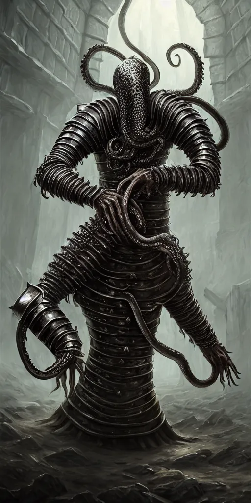 Image similar to a medieval knight slowly transforming into a tentacle monster, matte oil painting, steel armor set, concept art, dnd, clear, crisp, sharp, gauntlets, eldritch, award - winning, extremely detailed, 4 k, 8 k