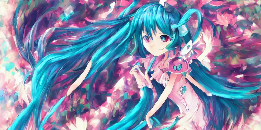 Image similar to thatsune miku , digital art, art station, tredning on art station, anime, colorful art