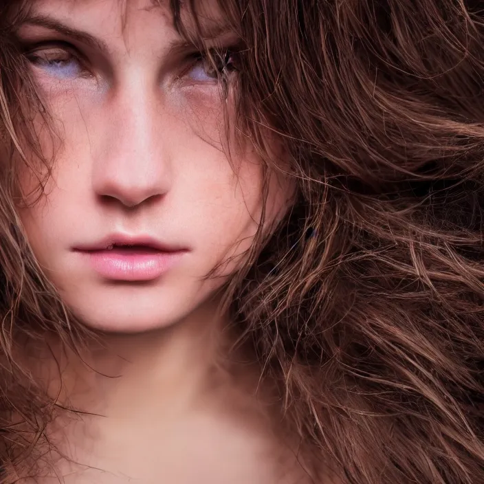 Image similar to photographic Close-up face of a extremely beautiful girl with light brown hair , high light on the left, non-illuminated backdrop, illuminated by a dramatic light, Low key lighting, light dark, High constrast, dramatic , Steve Mccurry, Greg Rutkowski, Alphonse Mucha ,dark background, high quality, photo-realistic, 8K,