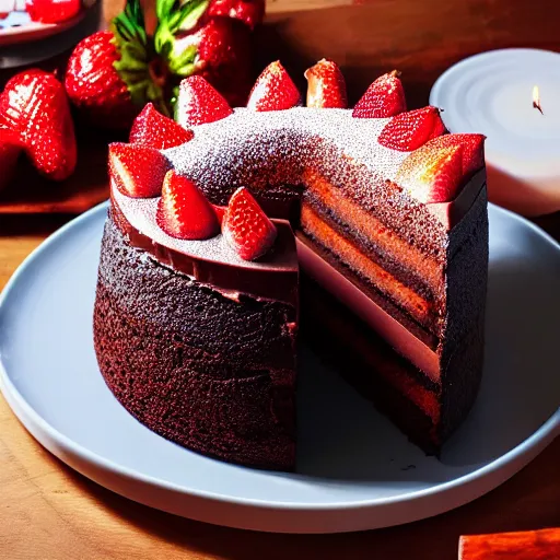 Image similar to a photograph of a cross section cut strawberry chocolate cake at night, candles illuminating the scene, photo realistic, hyperrealism