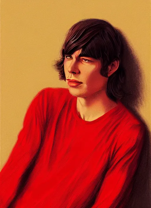 Image similar to portrait of tom jobim with bangs, 1 9 6 0 s, long hair, red clothes, bangs, intricate, elegant, glowing lights, highly detailed, digital painting, artstation, concept art, smooth, sharp focus, illustration, art by wlop, mars ravelo and greg rutkowski