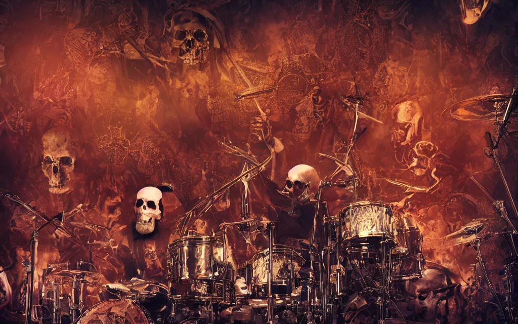 Prompt: khamenei playing drums in heavy metal band in hell hanged, corded, bodies hanged in horizon, skulls around, high definition, trending on artstation, unreal engine, photorealistic, high resolution,, trending on deviantart, hdr, hyper detailed, insane details, intricate, elite, ornate, elegant, luxury, dramatic lighting